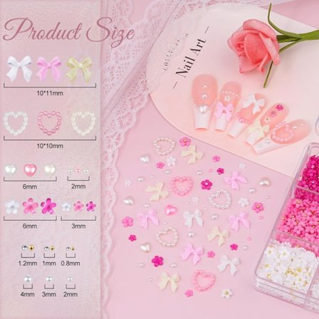 3D Neglepynt og Edelstener Sett 7, 20 STK Store Sommerfugl Charms + 75 STK Coquette Neglesløyfer og Hjerter + 3D Blomster for Negler