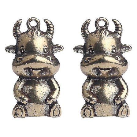2 stk Messing Okse Nøkkelring anheng Mini Okse Skrivebordsdekorasjon DIY Ku Ornament