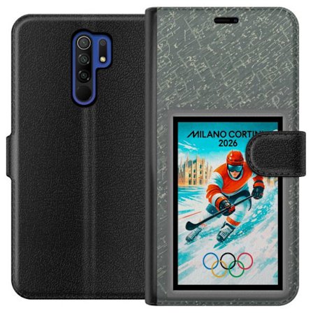 Yhteensopiva Lompakkokotelo Xiaomi Redmi 9 Curlingkuvitus pelaajilla ja kivillä jäällä, Milano Cortina 2026, lumisia roiskeita ja olympiasormukset