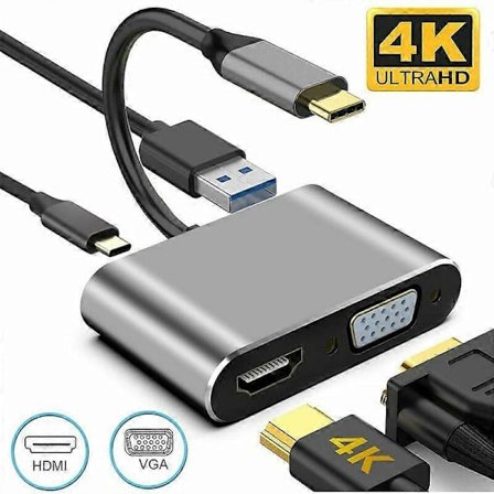 4-in-1 USB-C Hubi: HDMI 4K + VGA + USB3.0 + PD, MacBook/Chromebook/Dell XPS