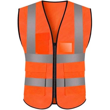 Super stor orange mesh sikkerhedsvest med lommer og lynlås, høj synlighed