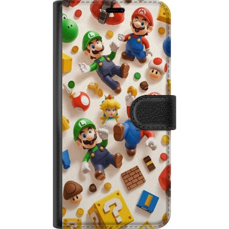 Kompatibelt Plånboksfodral till Motorola Motorola Moto G34 Färgglad spelillustration med Mario, Luigi, Peach och klassiska spelobjekt, nostalgisk ga