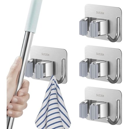 Väggmonterad kvast- och mopphållare, 4 fack, rostfritt stål, väggmonterad