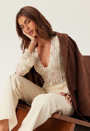 Bubbleroom - Long Sleeve Lace Top - Offwhite - Kläder