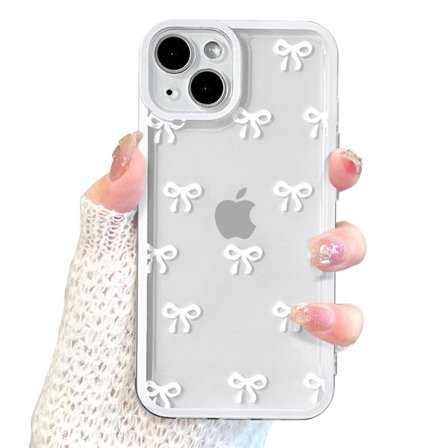 iPhone 15 Deksel, Gjennomsiktig Søt Sløyfe-mønster Estetisk Gjennomsiktig Telefondeksel Hevet Kamerabeskyttelse Stilig Slim-Hvit