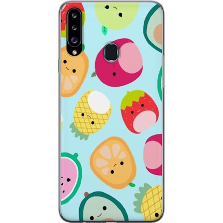 Kompatibelt Mobildeksel til Samsung Galaxy A20s Mønster av kawaii-frukter som jordbær sitron ananas og avocado på lyseblå bakgrunn
