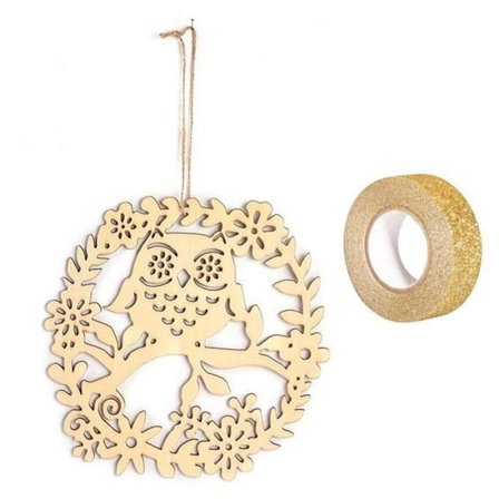 Uggla trähängande dekoration 22 x 22 cm + guldglitter maskeringstejp 5 m