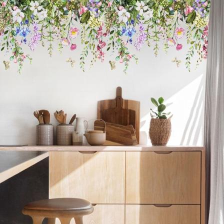 Färgglada blommiga väggdekaler, avtagbara gröna växtblad, skala och klistra KLB