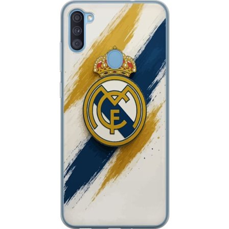 Samsung Galaxy A11 Gjennomsiktig deksel Real Madrid-emblem på hvit blå og gyllen bakgrunn, stilig sportsdesign perfekt for spanske fotballfans og el