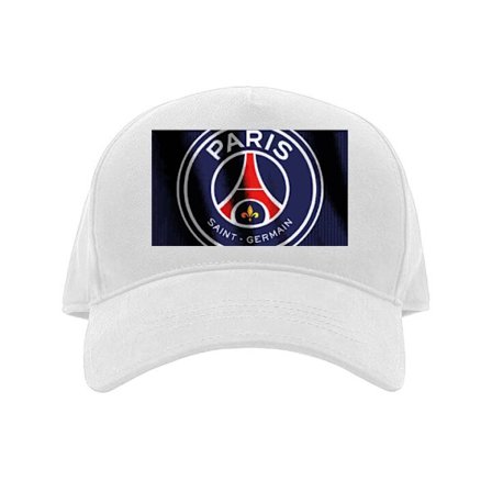 Kasket Paris Saint-Germain-emblem med Eiffeltårnet i centrum, vertikal stribe i rødt og hvidt på blå tekstilstruktur.