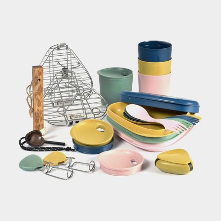 Set déjeuner pour 4 personnes Light My Fire CampKit, avec gobelets en plastique, assiettes, sporks, salière & poivrière, grill, fourchette à griller, 
