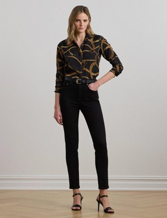 Lauren Ralph Lauren Classic Fit Belting-Print Crepe Shirt - Black - S