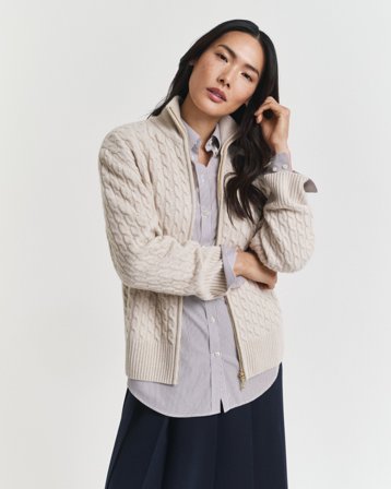 GANT Damen Zopfmuster Strickjacke mit Reißverschluss (L) Beige