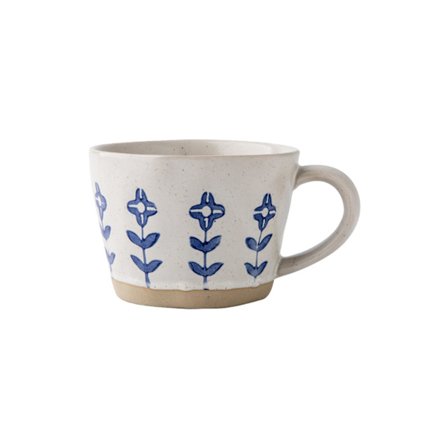 Keramiske krus til mænd og kvinder, unikke te-/kaffekopper, der tåler mikroovn og opvaskemaskine, rustikke stentøjs krus (blåt blomsterdesign).
