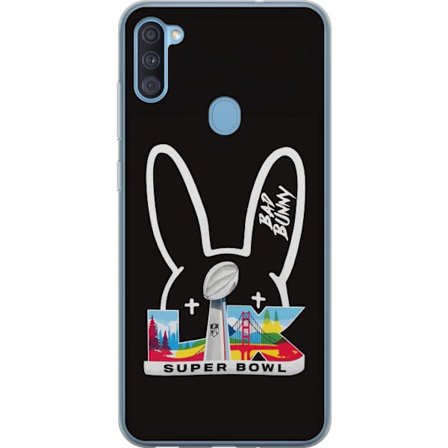 Kompatibelt Mobildeksel til Samsung Galaxy A11 Bad Bunny portrett med åpen skjorte, tatoveringer og krøllete hår i stilfull motefotografering