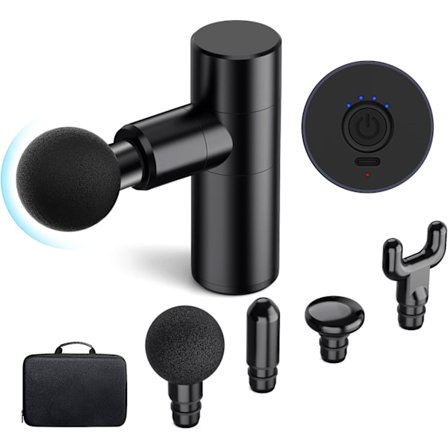 Massagepistol (Mini) Bärbar 4 hastigheter, med 4 silikagelmassagehuvuden, Super Quiet Massagepistol för muskelvärk lindring-Svart