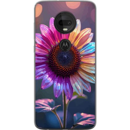 Kompatibelt Mobildeksel til Motorola Moto G7 Irideserende blomst med glitrende kronblad i rosa lilla og gull mot myk bokeh bakgrunn