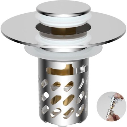 Pop-up bundventil i metal – Universal vaskprop med aftageligt hårfilter i rustfrit stål, 28–40 mm vask