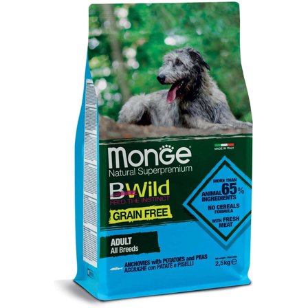 Monge B Wild Grain Free Acciughe Patate Piselli Cibo Secco Per