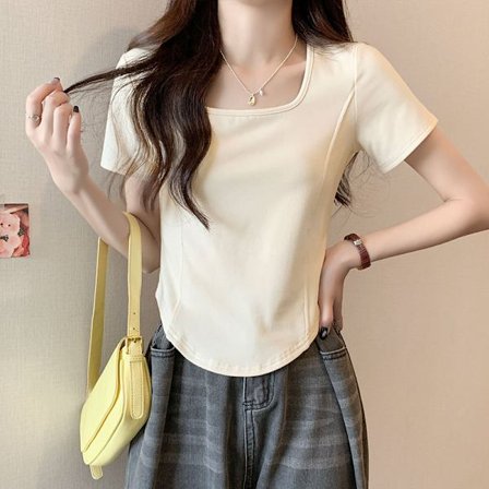Olkapää neliökaulus lyhythihainen T-paita naisten puuvilla kesä design-sense slim-fit all-match puhdas Spice Girl lyhyt T-paita Top