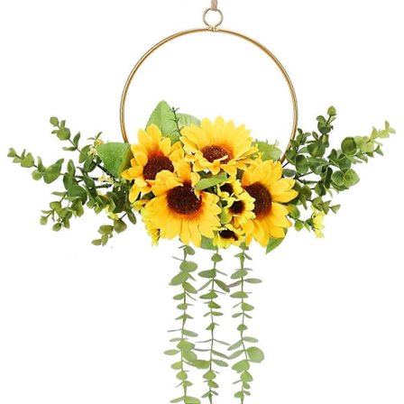 Kunstig solsikkekrans, lille efterårskrans til dør med eukalyptus, frontdørskrans til hjemmevæg, veranda, vindue, soveværelse, brusebad, landhus
