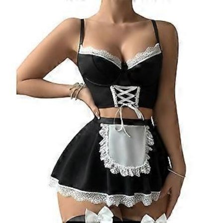 Fransk Stuepige Kostume Tilbehørssæt Stuepige Cosplay Lingeri Stuepige Outfits med Sløjfer Strømpeholdere Forklæde Nederdel Crop Tank Top Sort L(L )