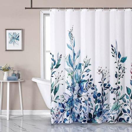 Blomsterdusjgardin med muggsikker, vektet kant, vaskbar, polyesterstoff, baderomstilbehør, Boho-bladmønster dusjforheng med 12 kroker