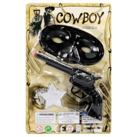 Cowboy set med Pistol 20 cm lång, ögonmask och glänsande sheriffmärke.