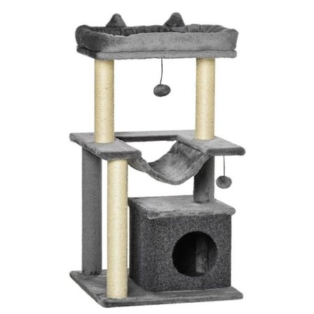 Rootz Cat Tree - Skrapstolpe med hängmatta - Lekträd - Cat Cave - Cat Climbing Tree - Plysch Sisal - Grå - 48L x 48W x 90H cm