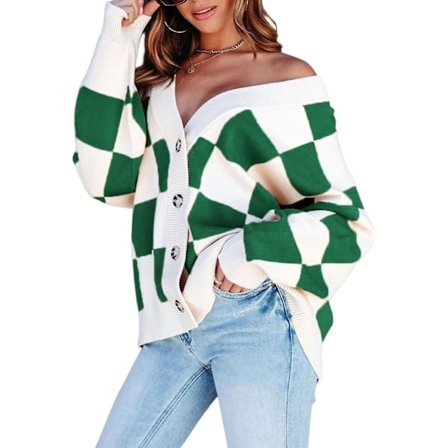 Rutig dam med v-ringad knapp och långärmad kabelstickad Oversized cardigan tröjor Toppar