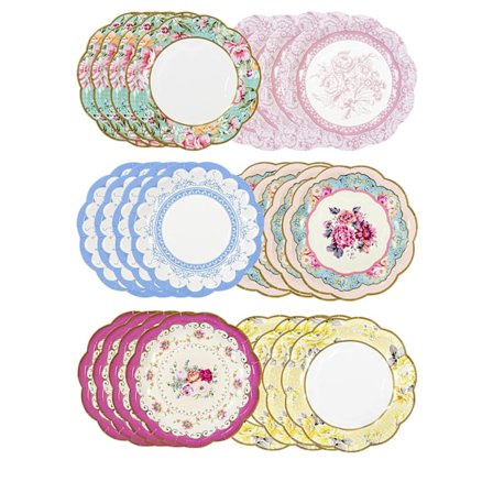 Pakke med 24 Vintage Blomstrede Papirtallerkener med Bølgekant | Udsøgt Engangsservice til Fødselsdag eller Havefest, Afternoon Tea, 17,5 cm