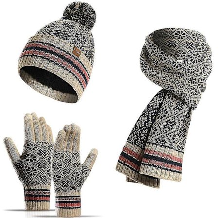 Vinterhue, halstørklæde og handskesæt, 3 dele, hue og touchscreen-handskesæt, fleeceforet varm strik til kvinder