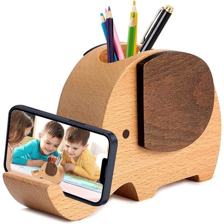 Pen Holder Træ Elefant Gaver til Kvinder Mænd, Telefon Stativ Blyant Pen Pot Holder til Skrivebord Organiser Dekoration Jule Fødselsdagsgaver til Børn