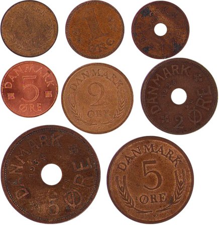 Danmark - 8 forskellige danske bronze-mønter