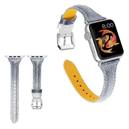 Apple Watch Series 5 44mm bling ægte læder Urrem - Sort / Sølv