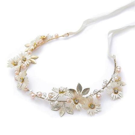 Kvinder Flower Daisy Pearl pandebånd med bånd Krans Bryllupsfest piger Garlander White