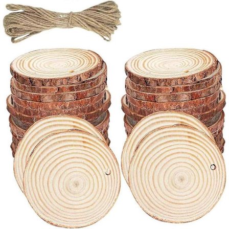 20 stk. naturlige træskiver 6-7 cm runde træskiver træstammeskiver boret hul ufærdige træcirkler med 5 m jutesnor til bryllupsreception C