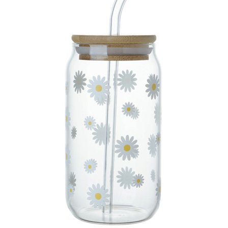 450 ml dåseformede glas kop sæt, drikkeglas med bambuslåg og glas sugerør, sodavand (1 stk)