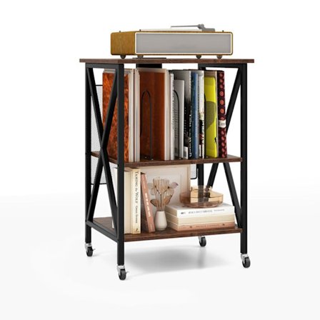 COSTWAY Pladeafspiller Opbevaringsenhed Integreret Ladestation & Metal Sidebord, til Kontor & Stue 45x40x34CM Brun