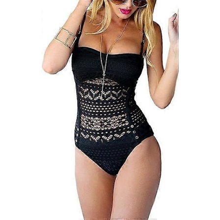 (L) Erittäin tyylikkäät naisten seksikkäät pitsi-uimapuvut bikinit 1-osainen musta push-up ontto