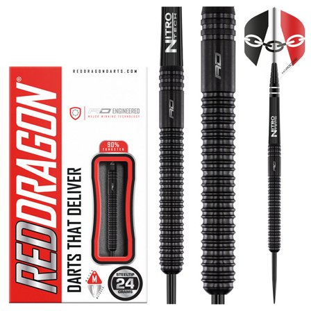 Red Dragon Darts Nitro Tech Steel Tip Darts - Jamie Hughes Model - 90% Tungsten - 24 Grams - Professional - Hardcore - Black
