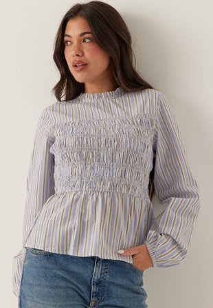 BUBBLEROOM - Smock Cotton Blouse - Blue/Striped