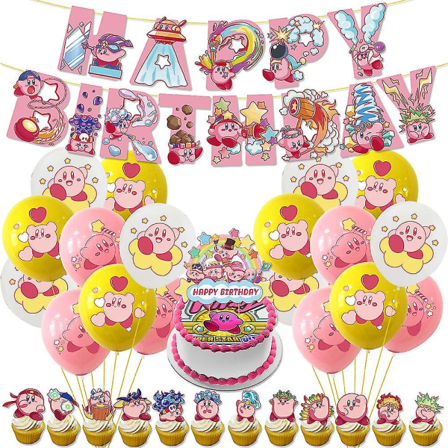 Star Kirby Tema Børnefødselsdagsfest Dekorationer Forsyninger Sæt Balloner Banner Kage Toppers Dekorer Kit