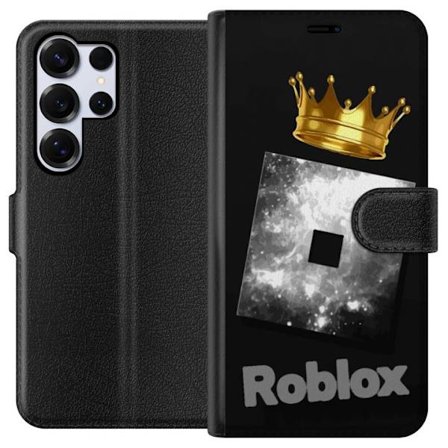 Kompatibel Tegnebogsetui til Samsung Samsung Galaxy S25 Ultra Minimalistisk sort og sølvfarvet Roblox-symbol med gylden krone og luksuriøs gamer-æs