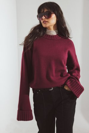 NA-KD Pull en maille à manches retroussées - Pulls Oversize - Bordeaux - XS