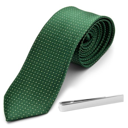 Set de corbata de lunares verde y pasador de corbata plateado para hombres - Sets de corbatas