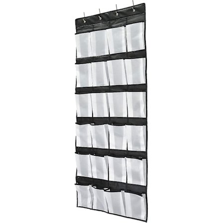 Skoholder til å henge over døren, 24 store nettlommer skooppbevaring med 4 kroker for soveromsgarderobe, 59 x 21,6 (farge: svart)