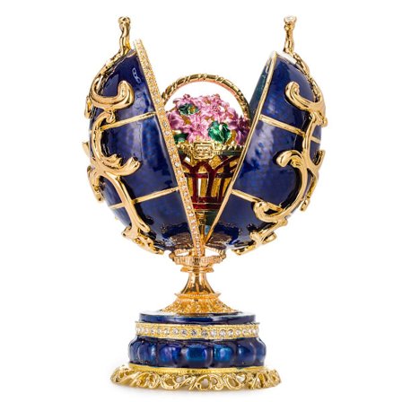 Faberge stil æg Forårsblomster Musikæske Smykkeskrin med blomsterkurv 16,5 cm blå