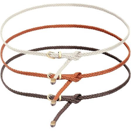 Flettet belte for kvinner, PU-lær, tynn flettet belte til jeans, bukser, tynn kjole, midjebelte med spenne, hvit*khaki*brun (3 stk.)