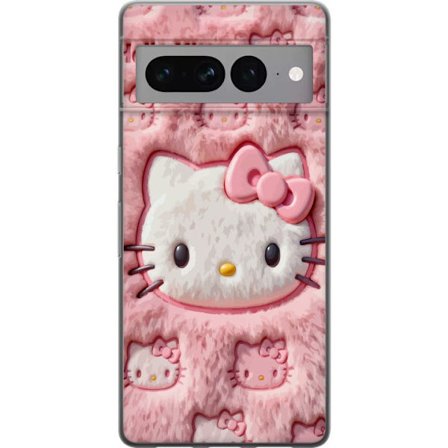 Kompatibelt Mobildeksel til Google Pixel 7 Pro Hello Kitty rosa fluffy bakgrunn med ikoniskt ansikt og kawaii-estetikk